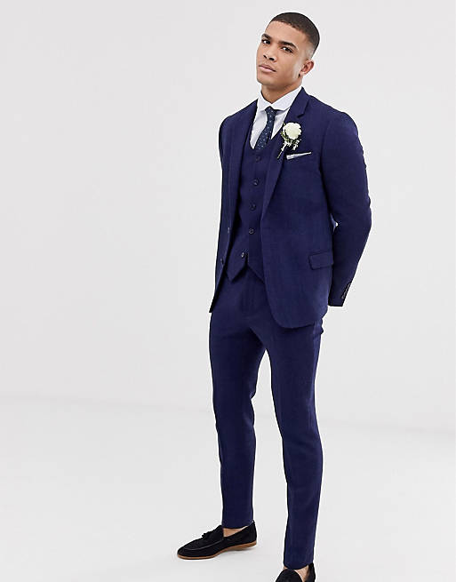 ASOS DESIGN wedding skinny suit in blue wool blend herringbone | ASOS