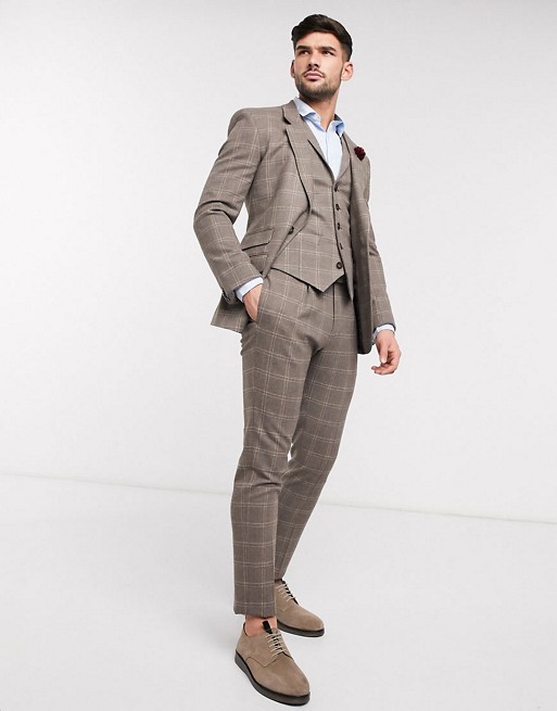 ASOS DESIGN wedding skinny suit in brown wool blend windowpane check