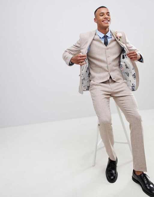 ASOS DESIGN Wedding Skinny Suit In Dusky Pink Herringbone