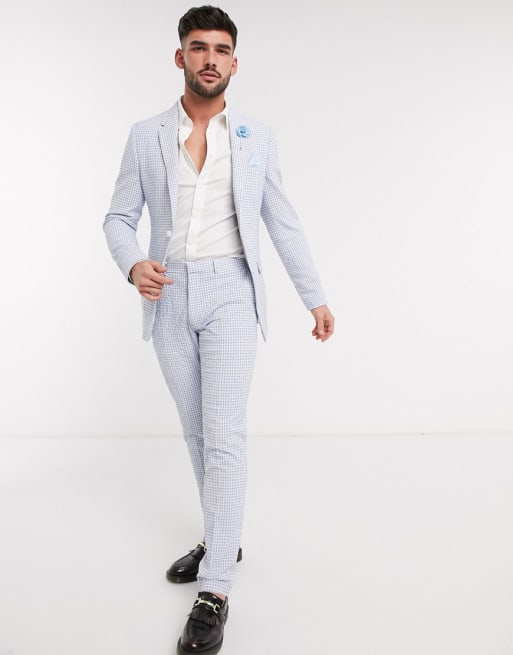 ASOS DESIGN wedding skinny suit in light blue gingham cotton seersucker ASOS