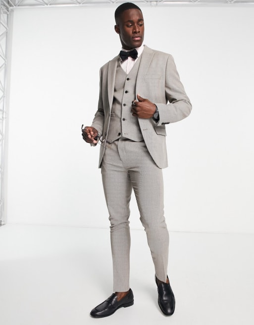ASOS DESIGN Wedding skinny suit in linen mix in linen mix in micro texture in br