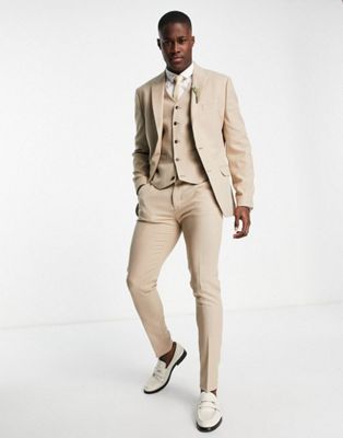 ASOS DESIGN wedding skinny suit waistcoat in linen mix in micro texture in brown