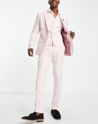 Asos Design Wedding Skinny Suit In Linen Mix In Micro Texture In Pink 