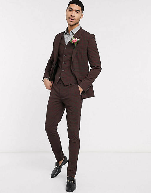 ASOS DESIGN wedding skinny suit in mini check in burgundy and grey