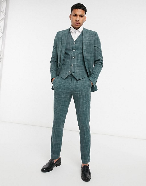 ASOS DESIGN wedding skinny suit waistcoat in pine green crosshatch
