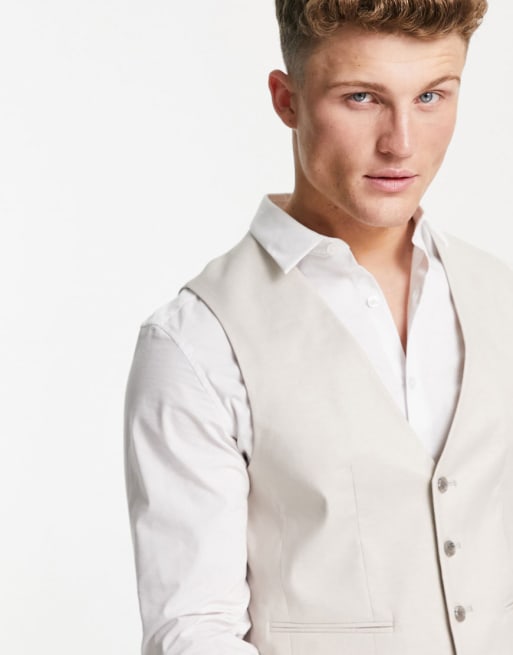 ASOS DESIGN wedding skinny suit waistcoat in stone linen mix