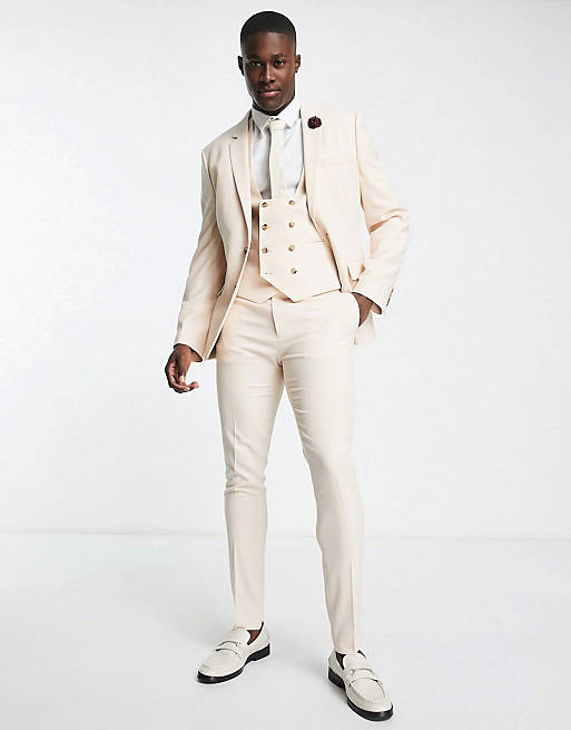 ASOS DESIGN wedding skinny suit with micro texture in stone