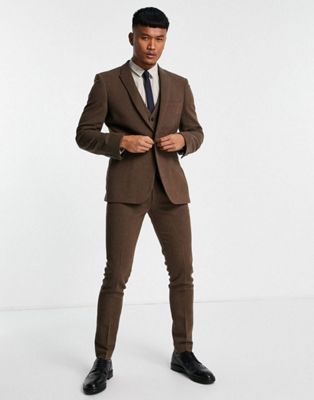ASOS DESIGN wedding skinny wool mix suit in brown basketweave texture