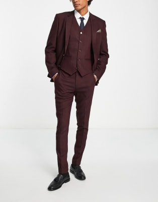 ASOS DESIGN wedding skinny wool mix suit waistcoat in burgundy herringbone