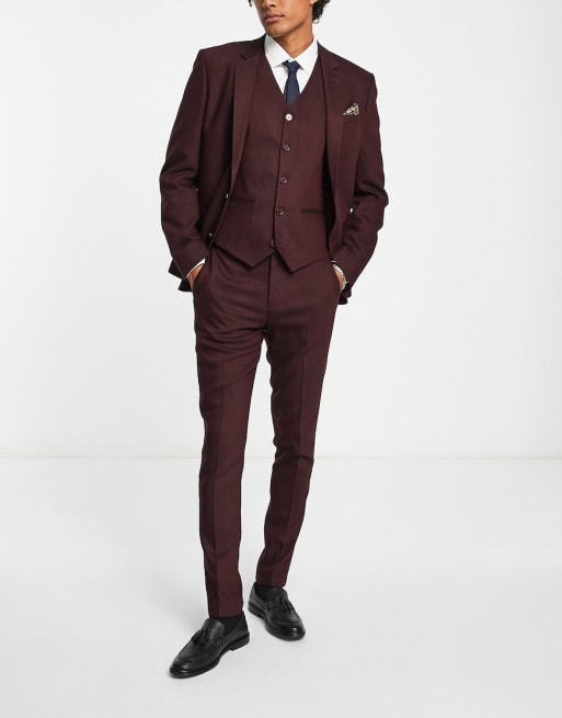 ASOS DESIGN wedding skinny wool mix suit in burgundy herringbone | ASOS