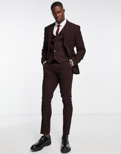 ASOS DESIGN wedding skinny wool mix suit in burgundy herringbone | ASOS