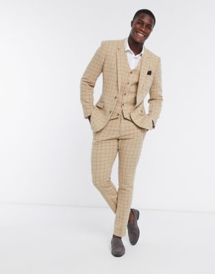 ASOS DESIGN wedding skinny wool mix suit trousers in camel houndstooth check