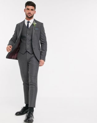 ASOS DESIGN wedding skinny wool mix suit in charcoal herringbone | ASOS