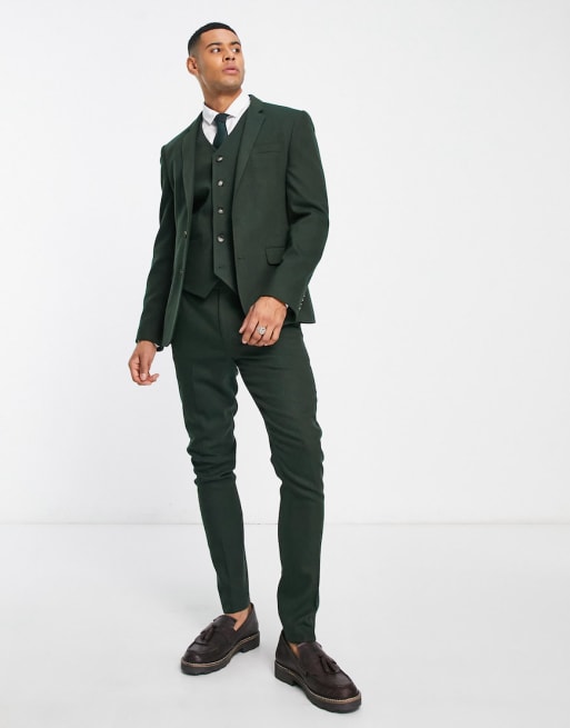 Asos Design Wedding Skinny Wool Mix Suit In Dark Green Basketweave