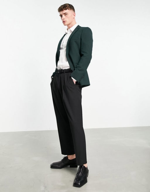 ASOS DESIGN wedding skinny wool mix suit in forest green herringbone