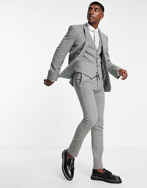 ASOS DESIGN wedding skinny wool mix suit in grey basketweave texture | ASOS