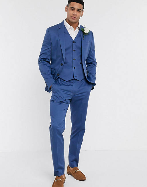 ASOS DESIGN wedding slim suit in blue stretch cotton