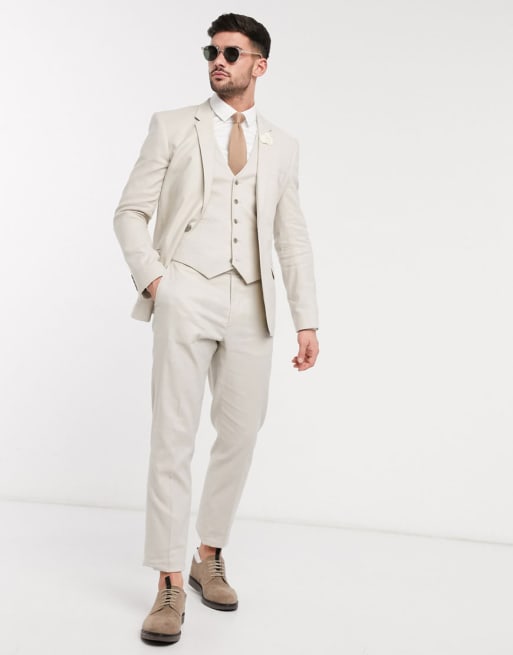 ASOS DESIGN wedding slim suit in stretch cotton linen in stone