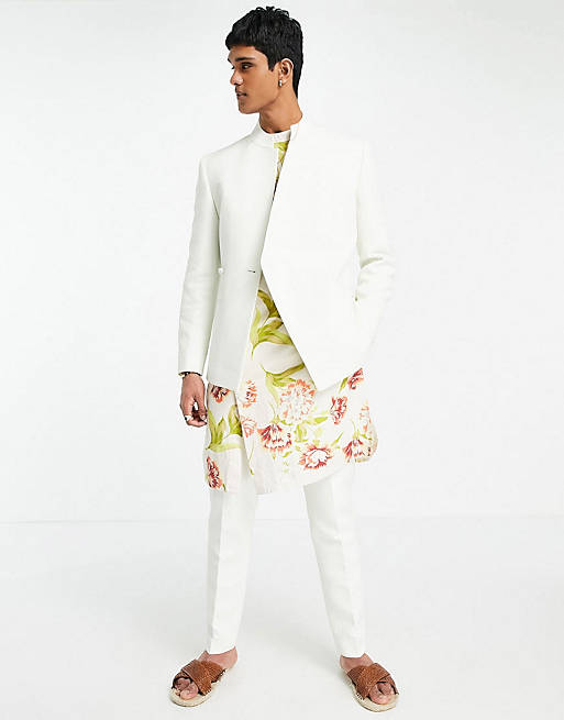 ASOS DESIGN wedding slim suit jacket with wrap detail belt in white jacquard