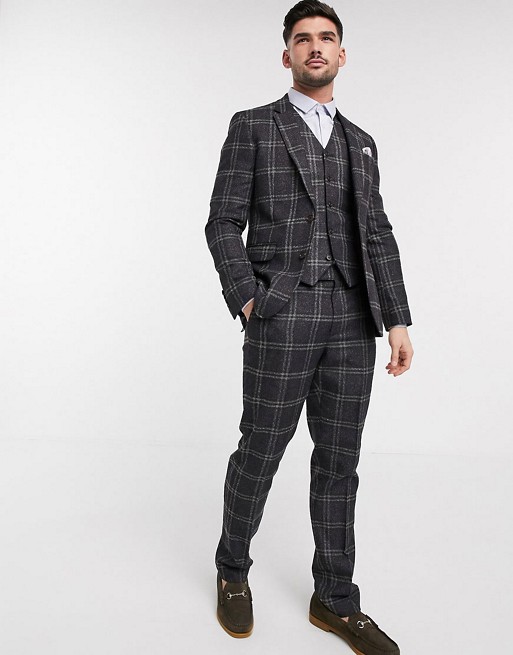 ASOS DESIGN wedding slim suit in wool mix with window check in brown