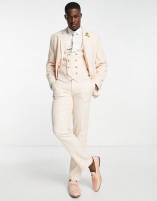 ASOS DESIGN wedding slim suit waistcoat with micro texture in stone