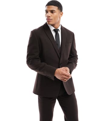 ASOS DESIGN wedding slim wool mix suit in dark brown basketweave texture - view 1