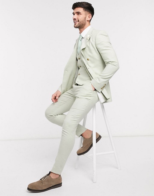 ASOS DESIGN wedding super skinny double breasted suit in cotton linen in mint