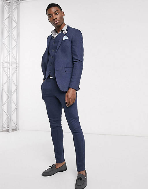 ASOS DESIGN Wedding - Super skinny suit i navy sildebensmønstret uldblanding
