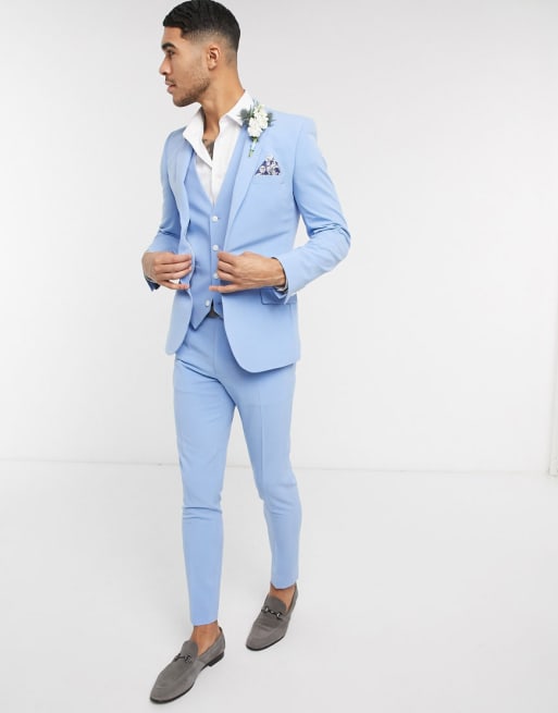 ASOS DESIGN wedding super skinny suit in azure blue in four way stretch ...