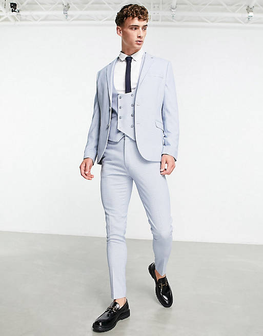 ASOS DESIGN wedding super skinny suit in birdseye texture in dusky blue ...