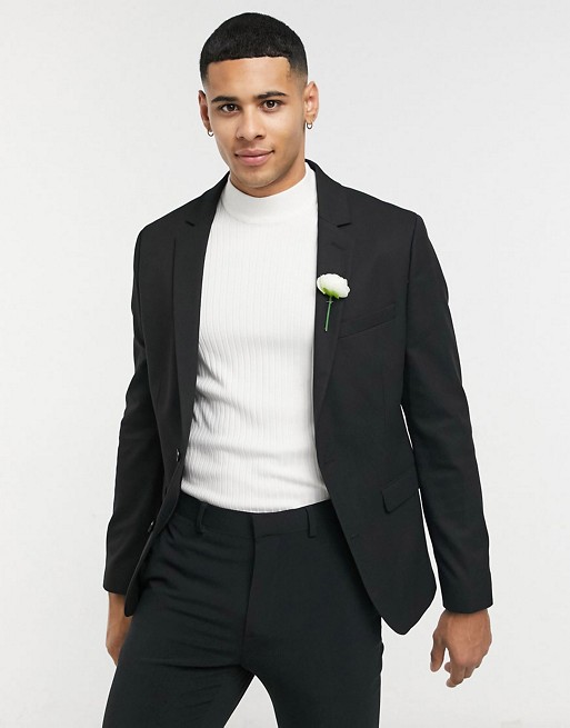 ASOS DESIGN wedding super skinny suit in black micro texture