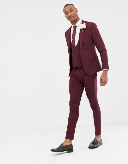 ASOS DESIGN wedding super skinny suit in burgundy micro texture