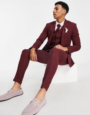 ASOS DESIGN wedding super skinny suit waistcoat in burgundy micro texture
