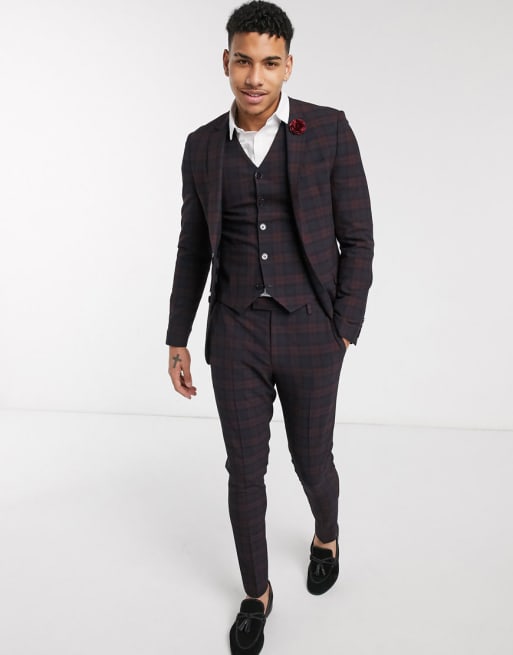 ASOS DESIGN wedding super skinny suit in burgundy tartan