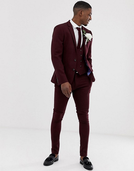 ASOS DESIGN wedding super skinny suit in burgundy twill | ASOS