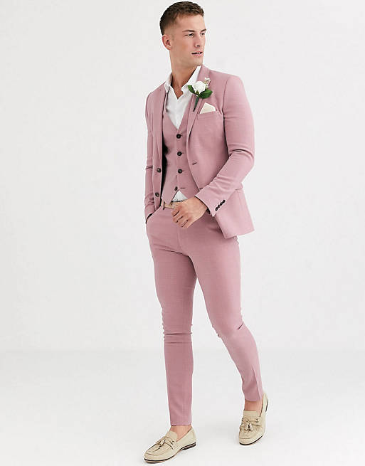 ASOS DESIGN wedding super skinny suit in crosshatch in rose pink | ASOS