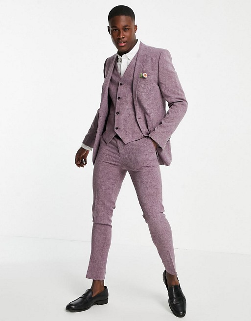 ASOS DESIGN wedding super skinny suit waistcoat in crosshatch in wine twist