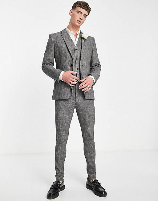 ASOS DESIGN wedding super skinny suit in dark grey cotton crosshatch | ASOS