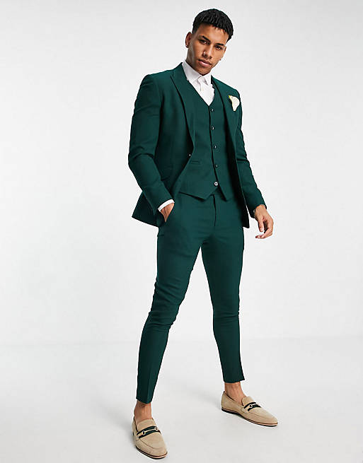 ASOS DESIGN wedding super skinny suit waistcoat in forest green micro texture