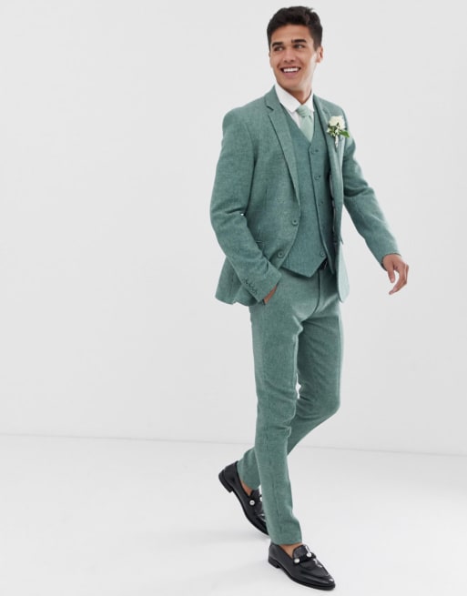 ASOS DESIGN wedding super skinny suit in green wool blend mini check