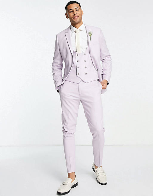ASOS DESIGN wedding super skinny suit in lavender frost micro texture ...