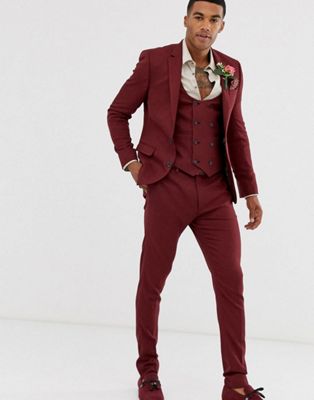 ASOS DESIGN wedding super skinny suit in micro texture burgundy | ASOS