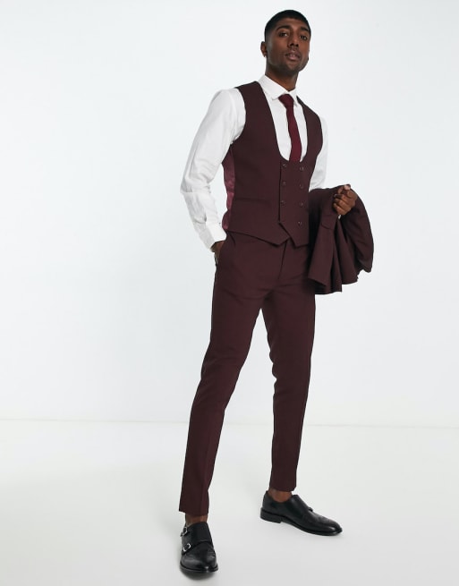 Asos Design Wedding Super Skinny Suit In Micro Texture In Burgundy Asos 5585