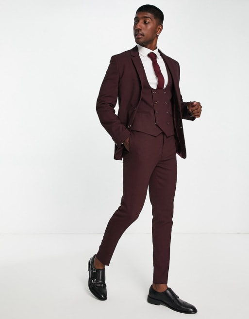 ASOS DESIGN wedding super skinny suit in micro texture in burgundy