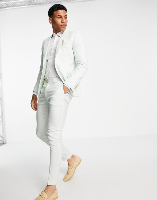 ASOS DESIGN wedding super skinny suit in pastel green cotton linen