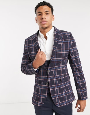 ASOS DESIGN wedding super skinny suit jacket in pink check