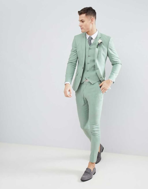 Asos Design Wedding Super Skinny Suit In Sage Green Linen Asos