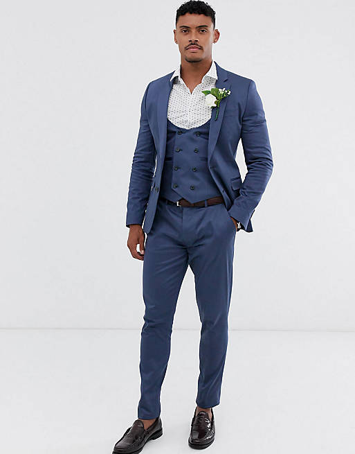 ASOS DESIGN wedding super skinny suit in stretch cotton in indigo blue ...