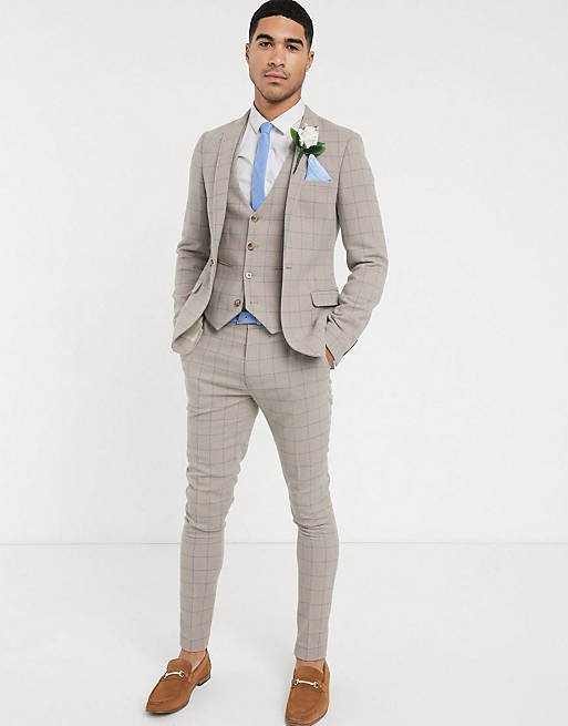 ASOS DESIGN wedding super skinny suit in wool mix with beige grid check ...