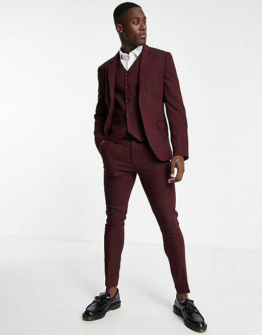 ASOS DESIGN wedding super skinny wool mix suit waistcoat in burgundy herringbone